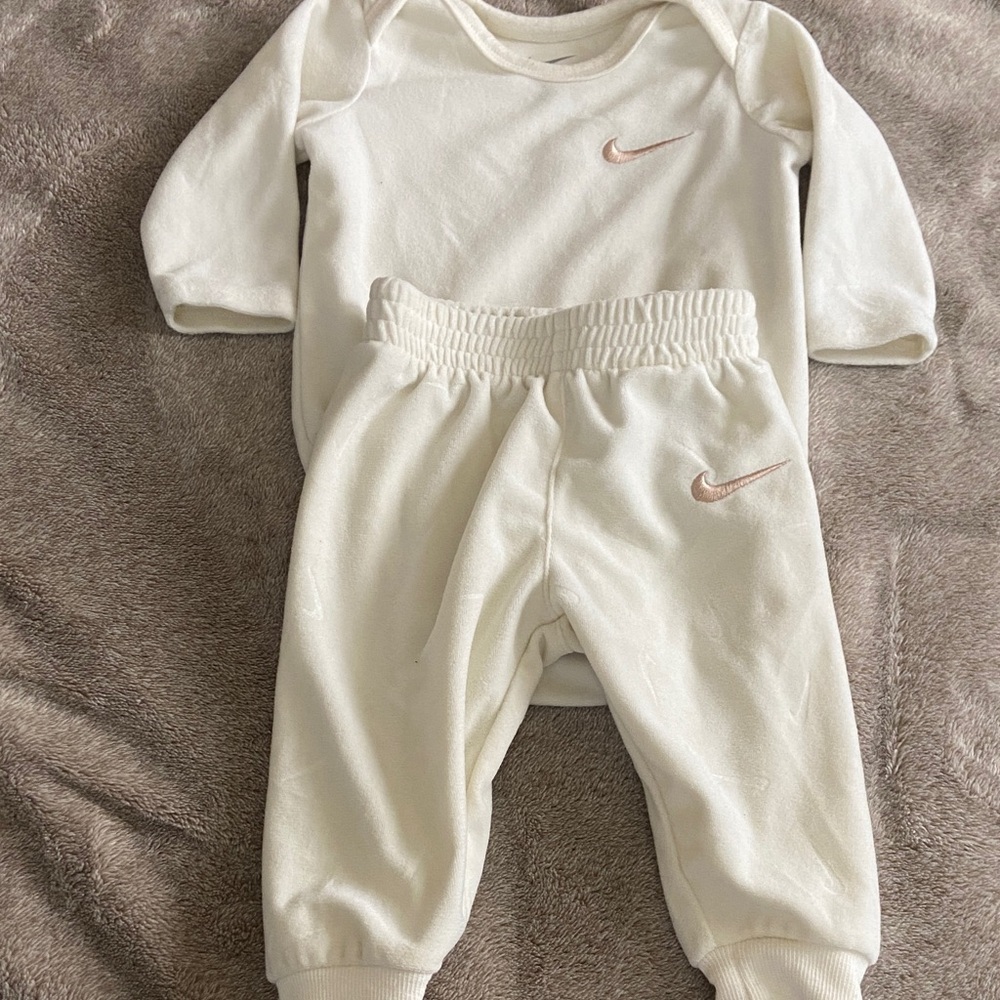 Nike Cream Baby One-Piece and Pants Set with Pink Swoosh